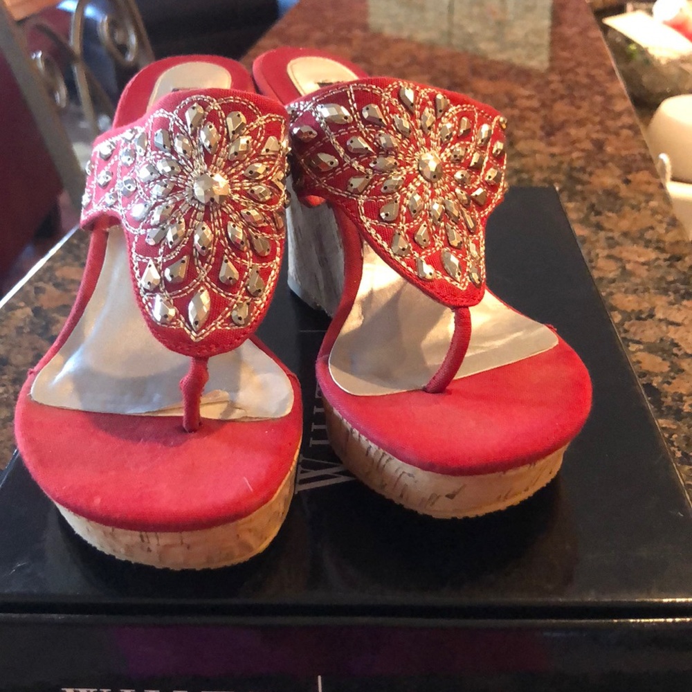 Red embellished wedges size 6